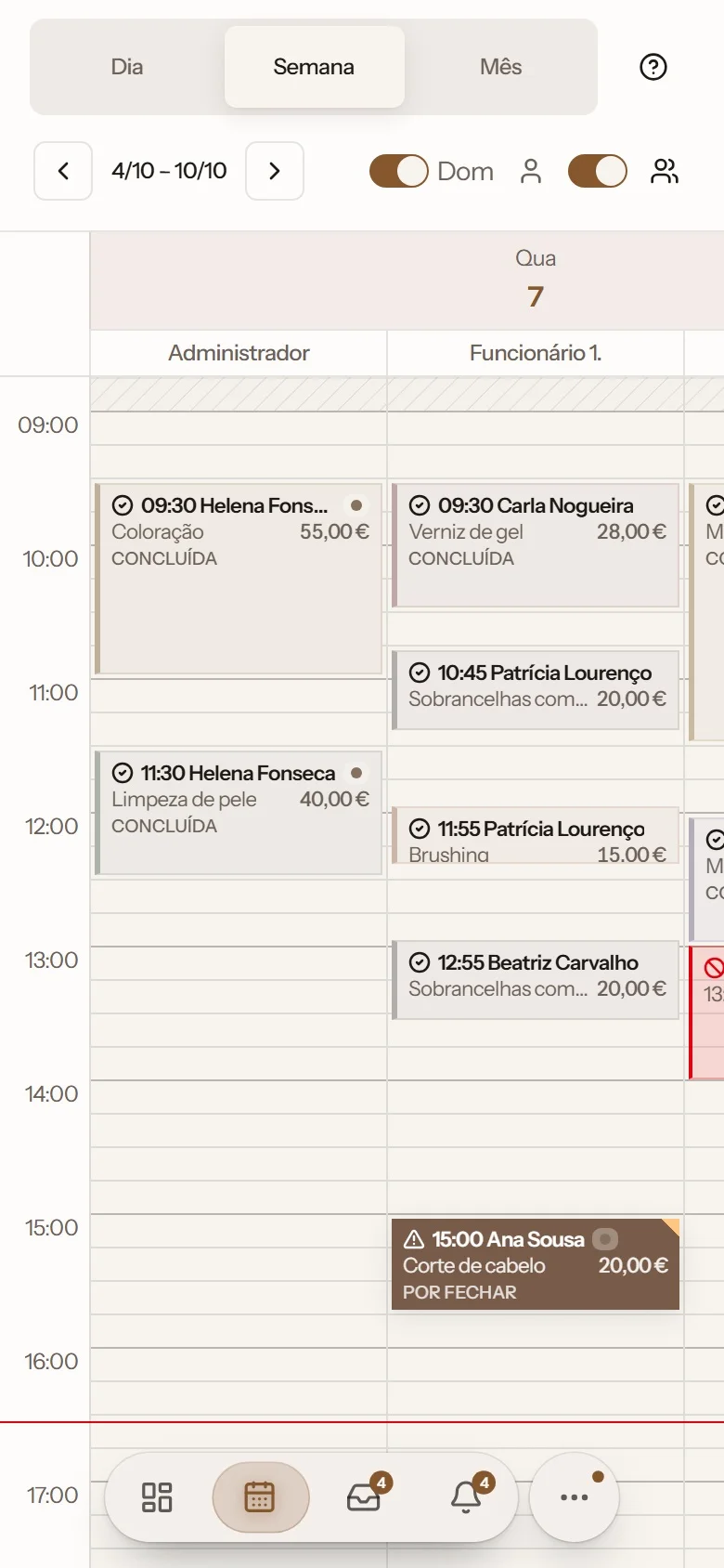 Agenda da semana com uma coluna por pessoa da equipa em cada dia; abre-se uma marcação confirmada por SMS