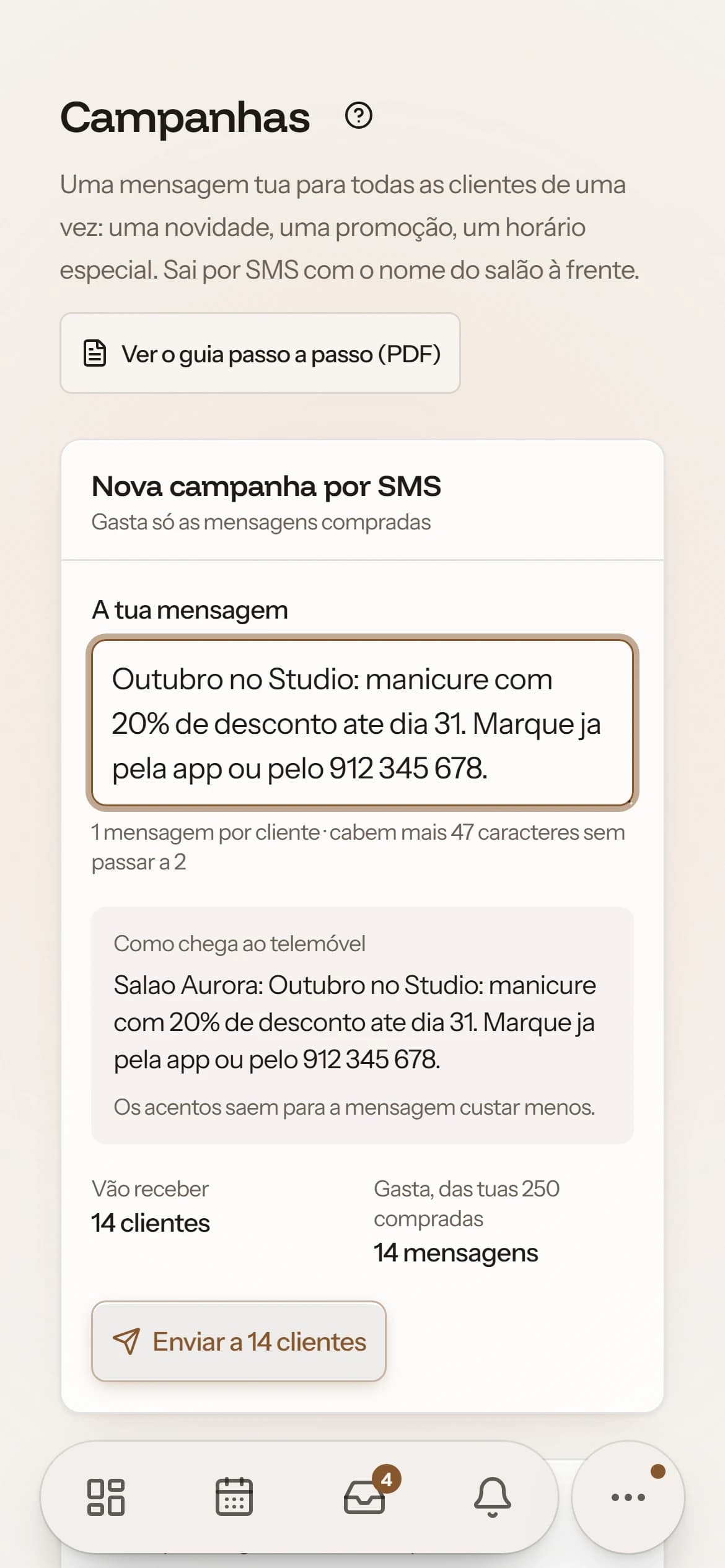Ecrã Campanhas: a mensagem escrita e a pré-visualização de como chega ao telemóvel