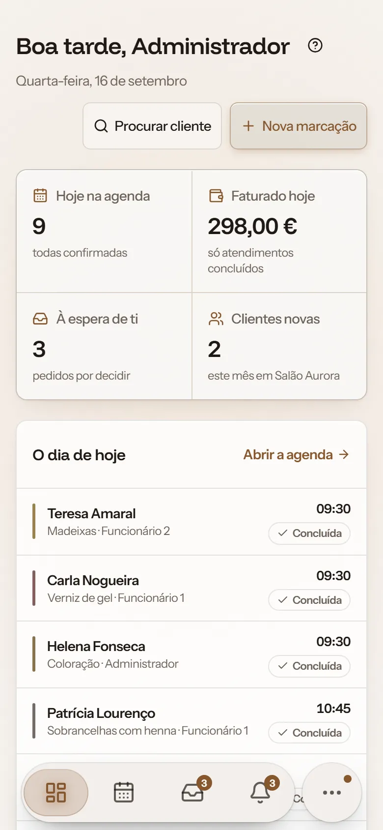O Início da app no iPhone: os números do dia, os pedidos por decidir e a agenda