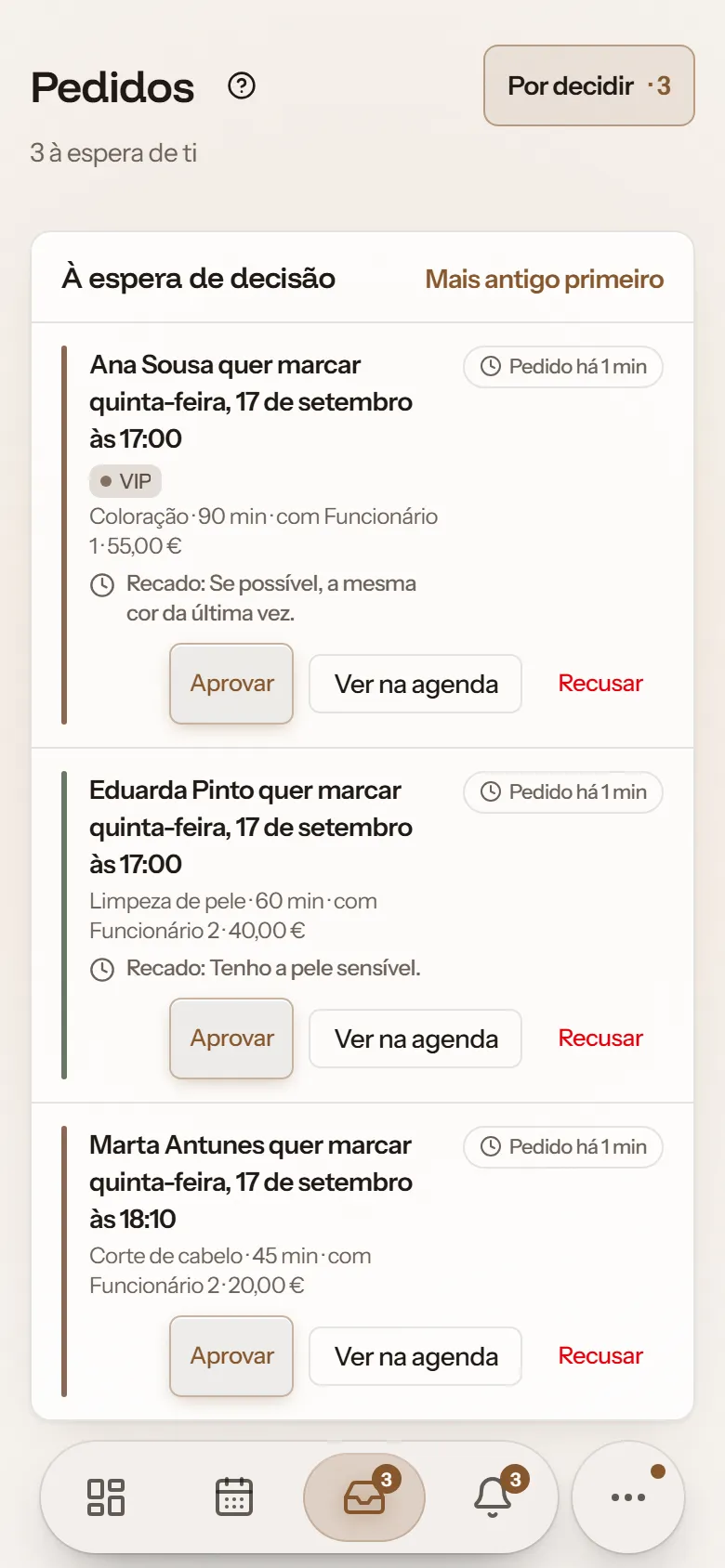 Pedidos de marcação à espera de decisão
