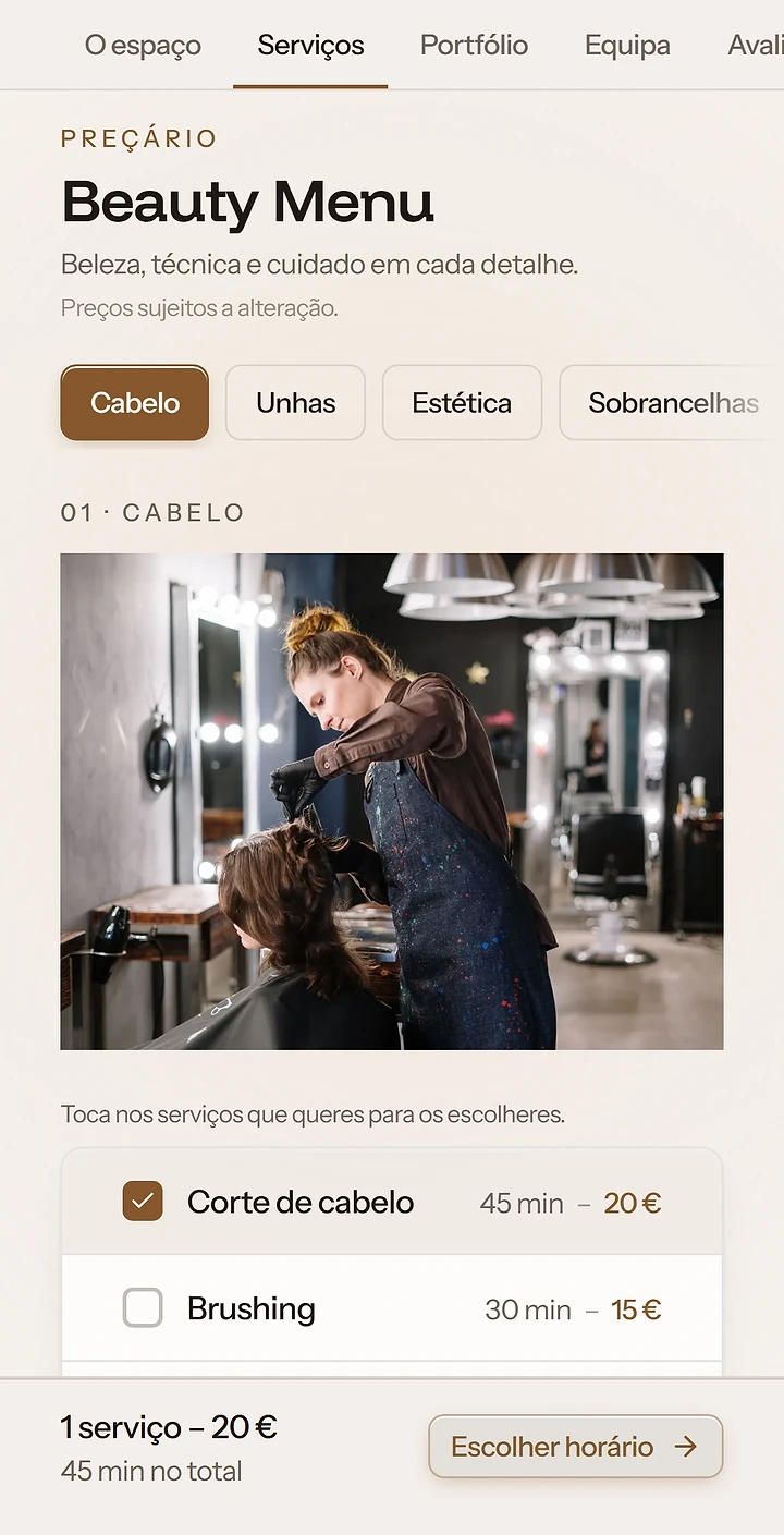 The uBeauty app on an iPhone: a salon's services, with a haircut picked and the button to choose a time.
